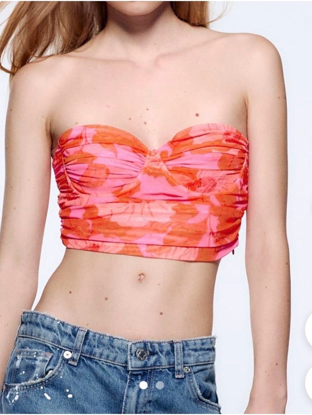 Zara  NWOT Strapless Floral Ruched Crop Top - Pink & Orange
